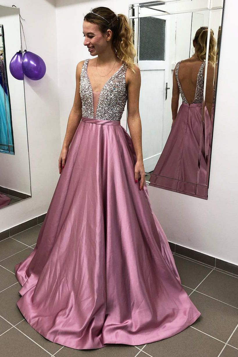 Elegant Long A-line V-neck Satin Backless Prom Dress with Beading