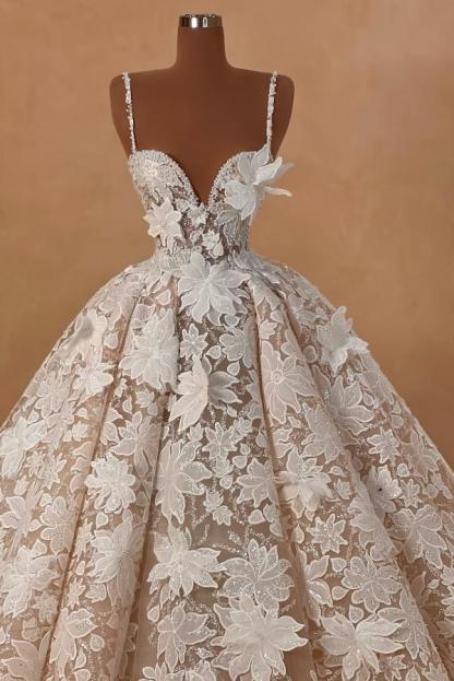 Flower Spaghetti Straps A Line Tulle Appliques Lace Long Wedding Dress