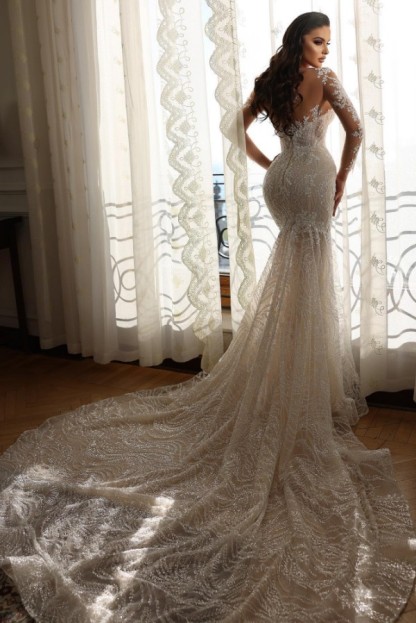 Long Mermaid Sweetheart Tulle Lace Wedding Dresses with Sleeves