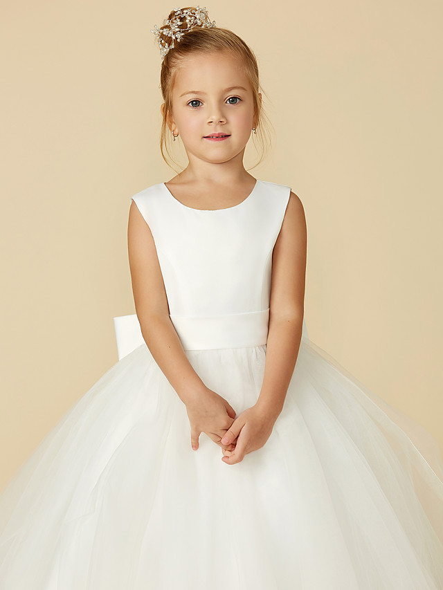 A-Line Floor Length Wedding / First Communion Flower Girl Dresses - Satin / Tulle Sleeveless Jewel Neck With Bow(S) / Buttons