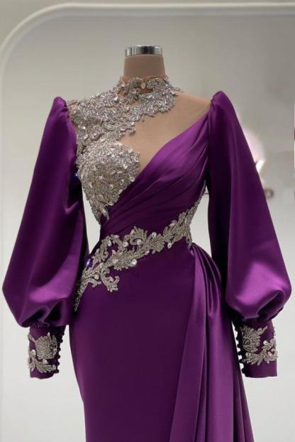 Purple Long Sleeves High Neck Sparkle Beaded Mermaid Prom Dress