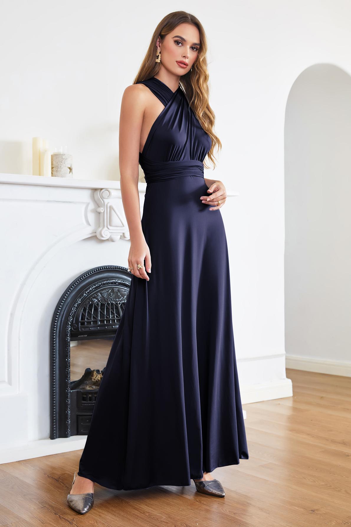 Simple Long Open Back Floor Length A-line Bridesmaid dresses with Ruffle