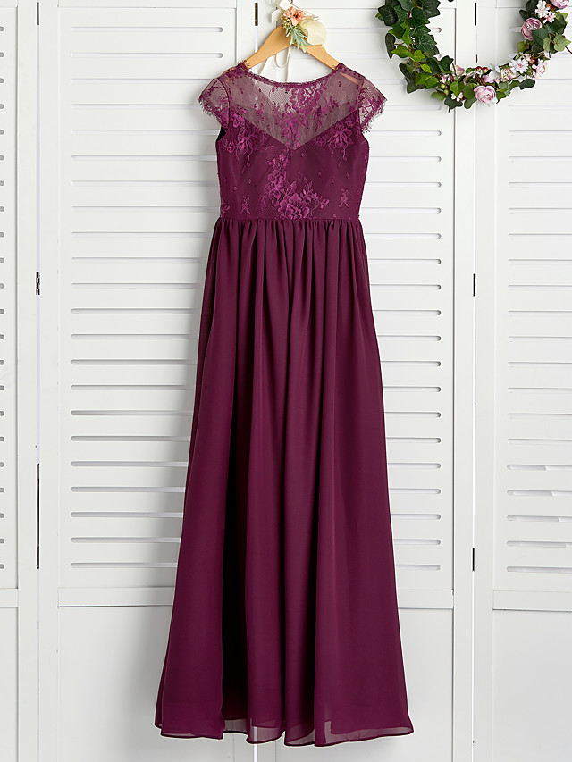 A-Line V Neck Maxi Chiffon / Lace Junior Bridesmaid Dress With Appliques