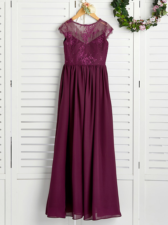 A-Line V Neck Maxi Chiffon / Lace Junior Bridesmaid Dress With Appliques