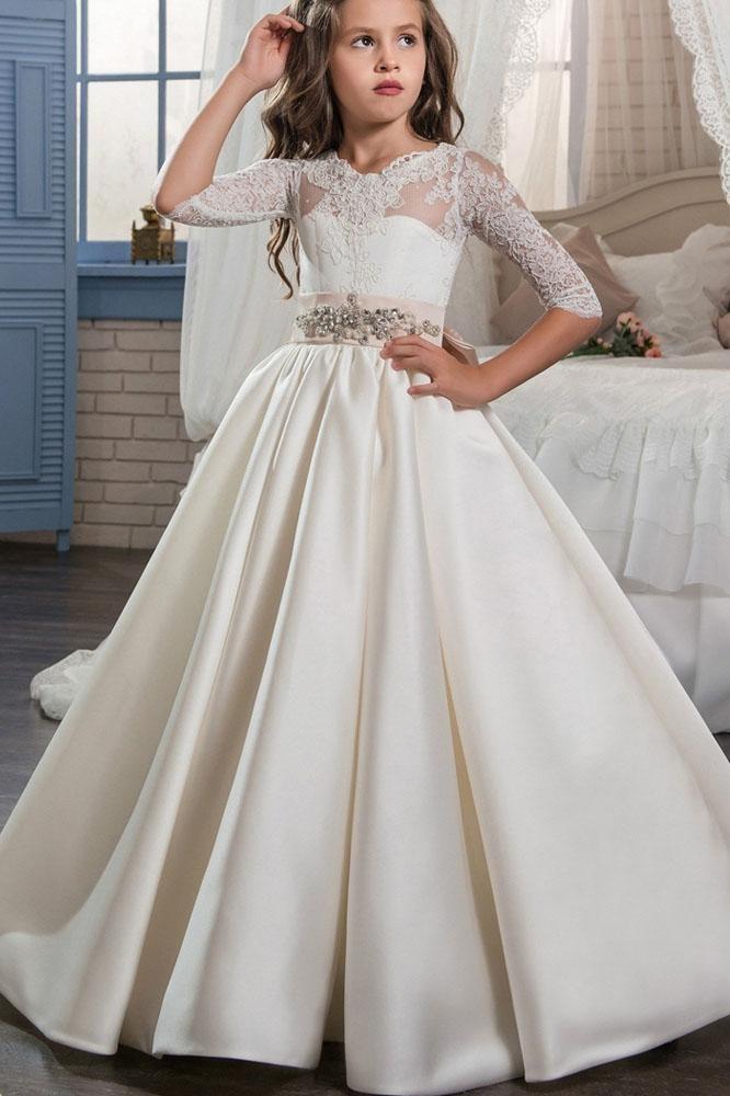 Ivory Scoop Neck Long Sleeves Ball Gown Flower Girls Dress