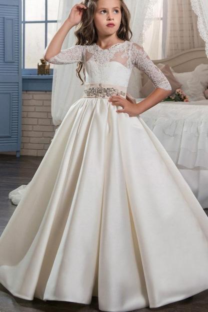 Ivory Scoop Neck Long Sleeves Ball Gown Flower Girls Dress
