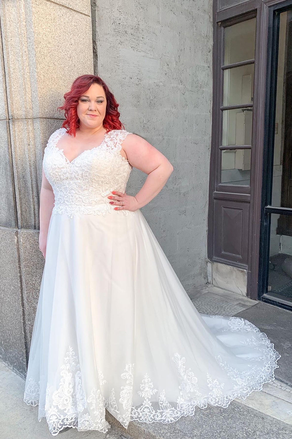 Plus Size Long Wide Straps Sweetheart A-Line Wedding Dress With Appliques Lace