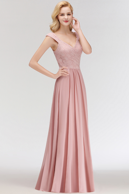 A-line Long V-neck Sleeveless Lace Chiffon Bridesmaid Dresses