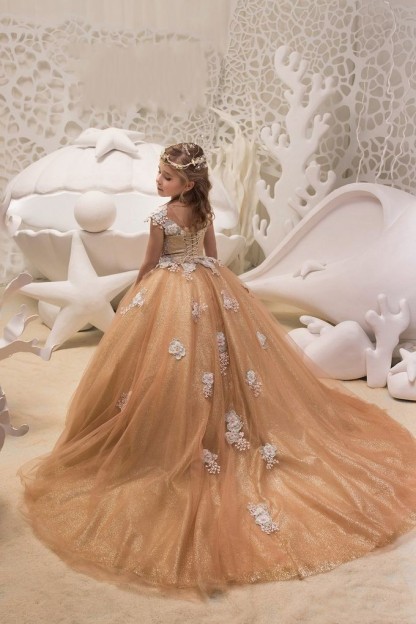 Beautiful A-line Bateau Appliques Lace Sequins Tulle Train Flower Girl Dress