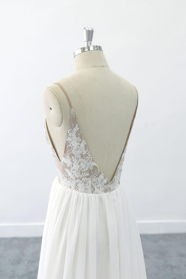 Elegant Long V-neck Lace Chiffon A-line Open Back Wedding Dress