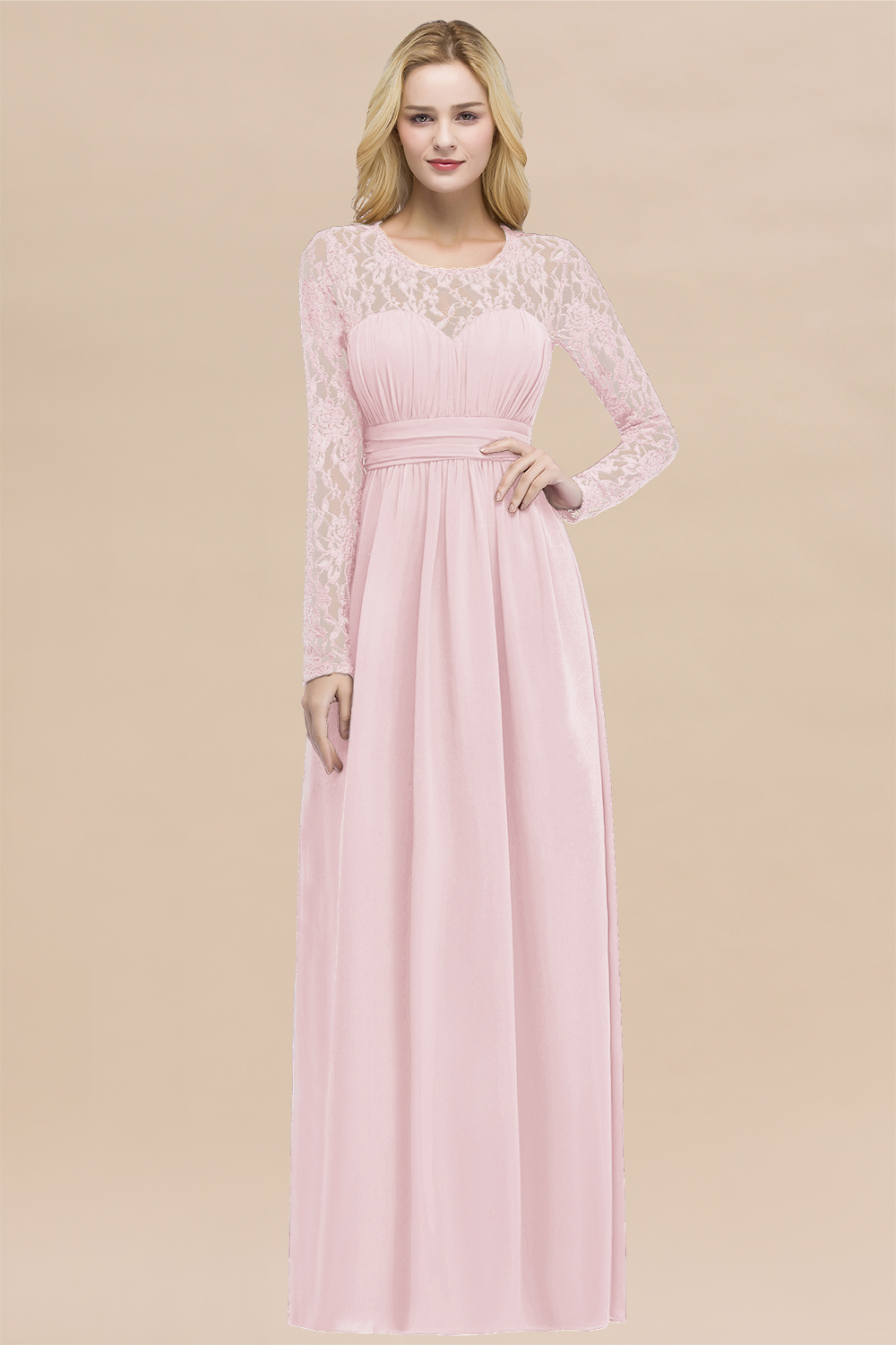 Elegant A-Line Chiffon Jewel Long Sleeves Ruffles Floor-Length Bridesmaid Dresses