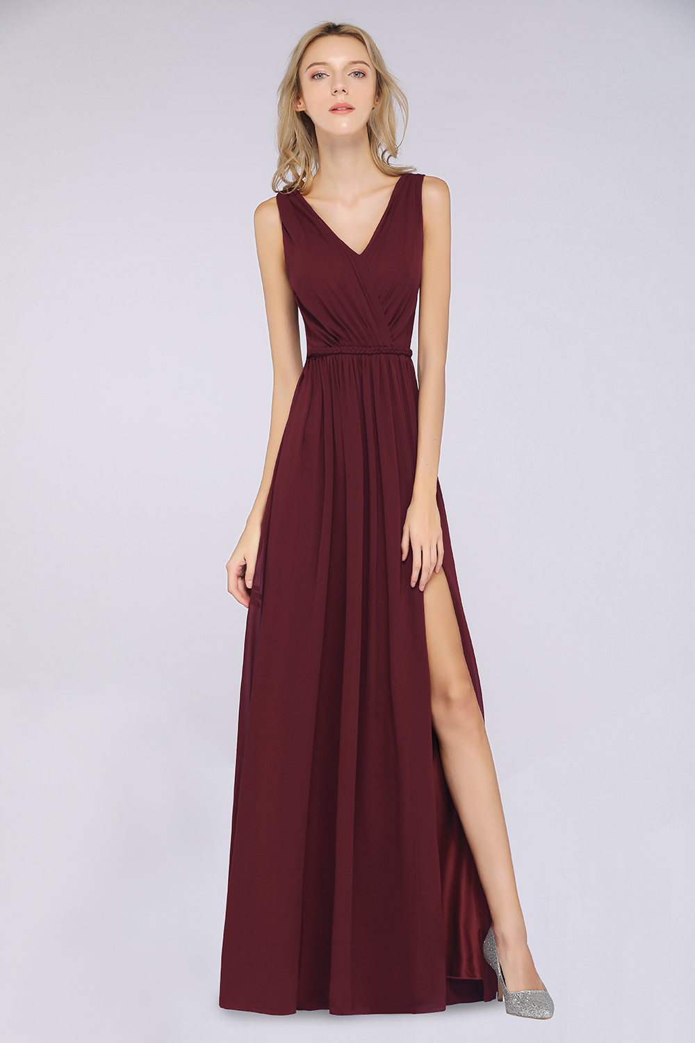 Classy Wide Straps V-neck A-Line Chiffon Ruffles Prom Dress With Side Slit