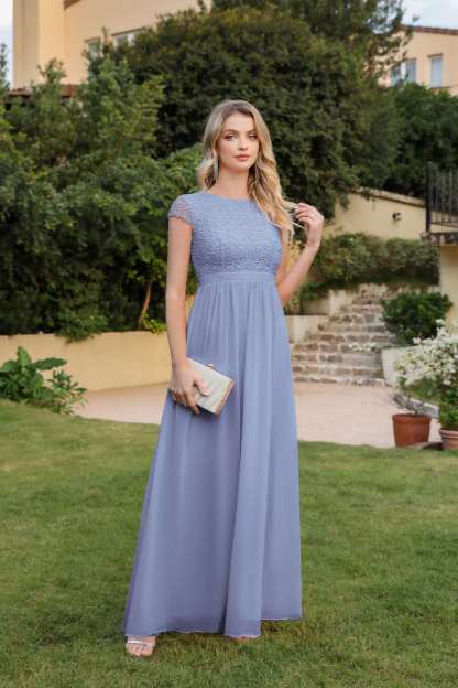 A-line Chiffon Crew Neck Capped Floor Length Bridesmaid Dress with Lace Hollowout