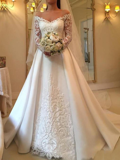 Long Off the Shoulder A-Line Satin Lace Wedding Dresses with Sleeves