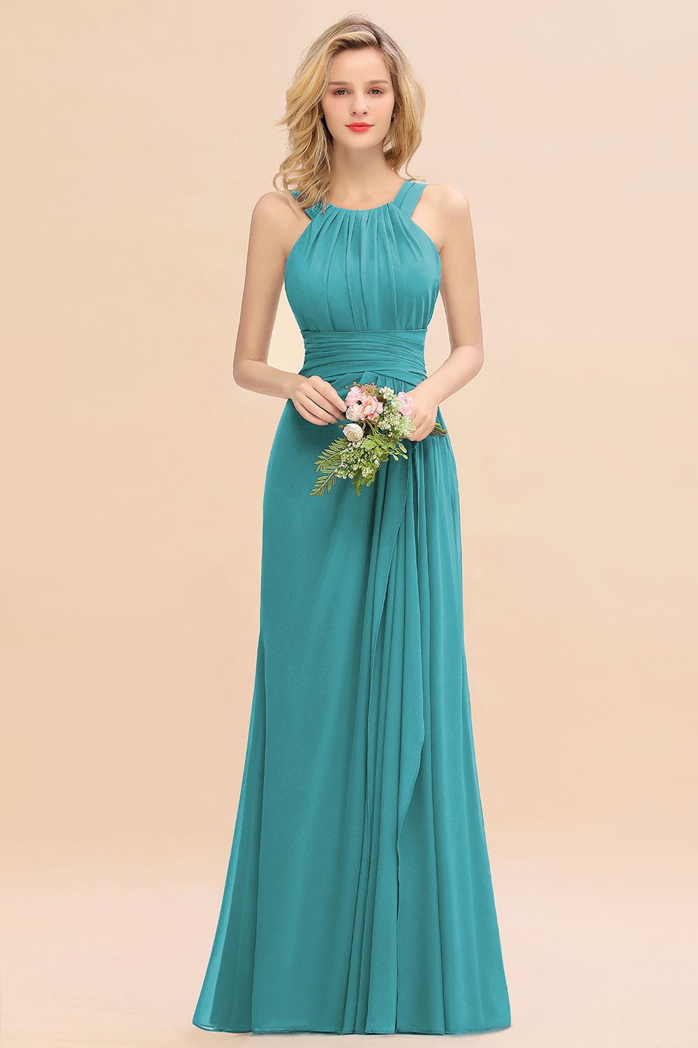 Long A-line Halter Chiffon Backless Floor-length Bridesmaid Dresses