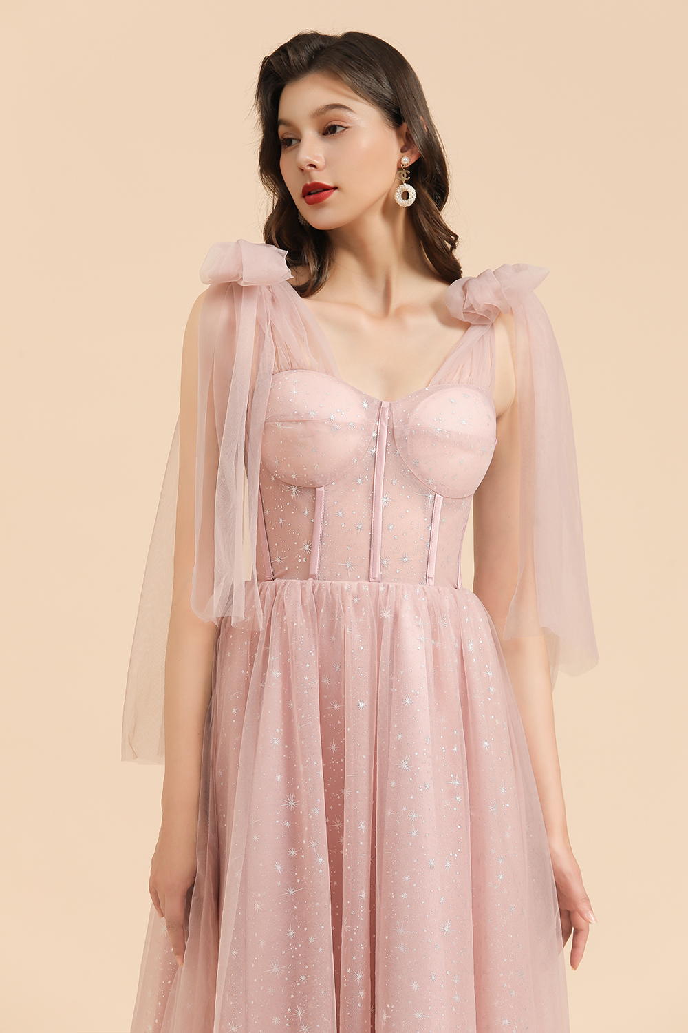 A-line Pink Off The Shoulder Bow Tulle Floor Length Bridesmaid Dress