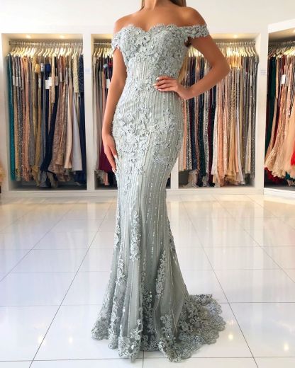 Modest Long Mermaid Off-the-shoulder Glitter Prom Dress