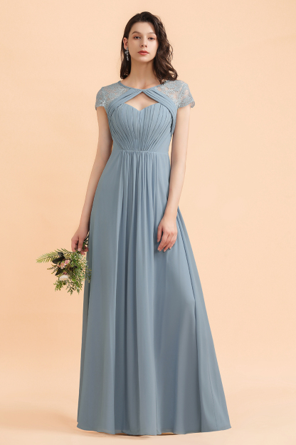 Cap Sleeves Chiffon A-Line Bridesmaid Dress Floor Length Ruffles Evening Swing Dress