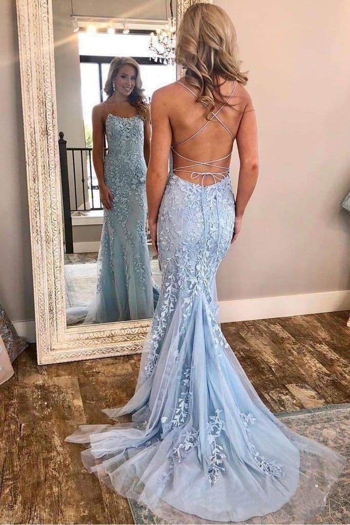 Sky Blue Long Mermaid Tulle Open Back Prom Dress with Appliques Lace