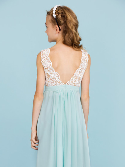 Sheath / Column V Neck Floor Length Chiffon / Lace Junior Bridesmaid Dress With Sash / Ribbon / Pleats / Color Block / Wedding Party / Open Back