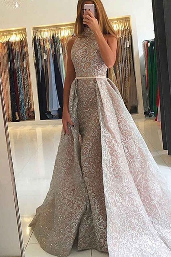 Long High Neck Sequins Floor-length Mermaid Prom Dress With Train