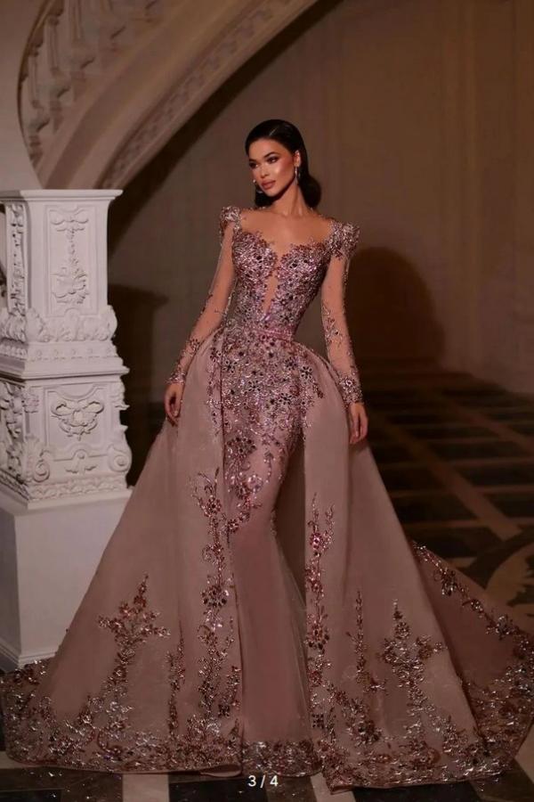 Long Sleeve Mermaid Tulle Beads Appliques Lace Prom Dress with Detachable Train