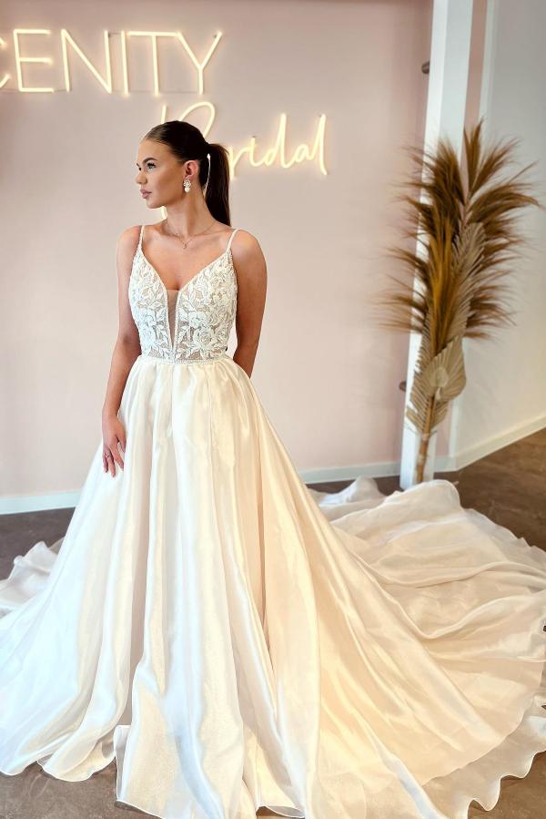 Charming A-Line V-Neck Spaghetti Straps Backless Satin Lace Long Wedding Dress