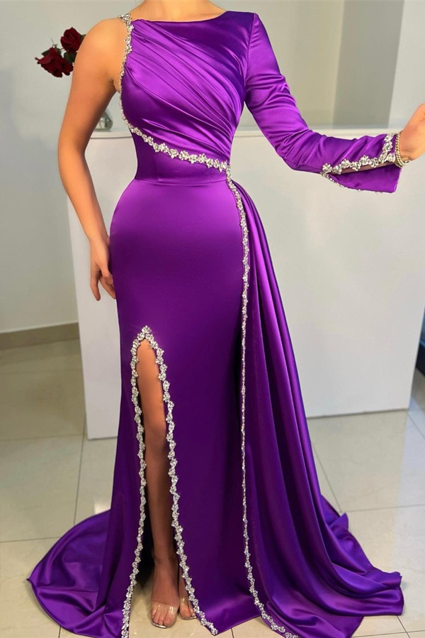 purple asymmetrical prom dress Mermaid Strapless Asymmetrical Beaded Long Prom Dress with Slit Gold / 18 main image 0