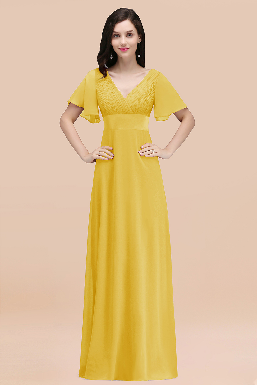 Simple A-Line Chiffon V-Neck Short-Sleeves Ruffles Floor-Length Bridesmaid Dresses