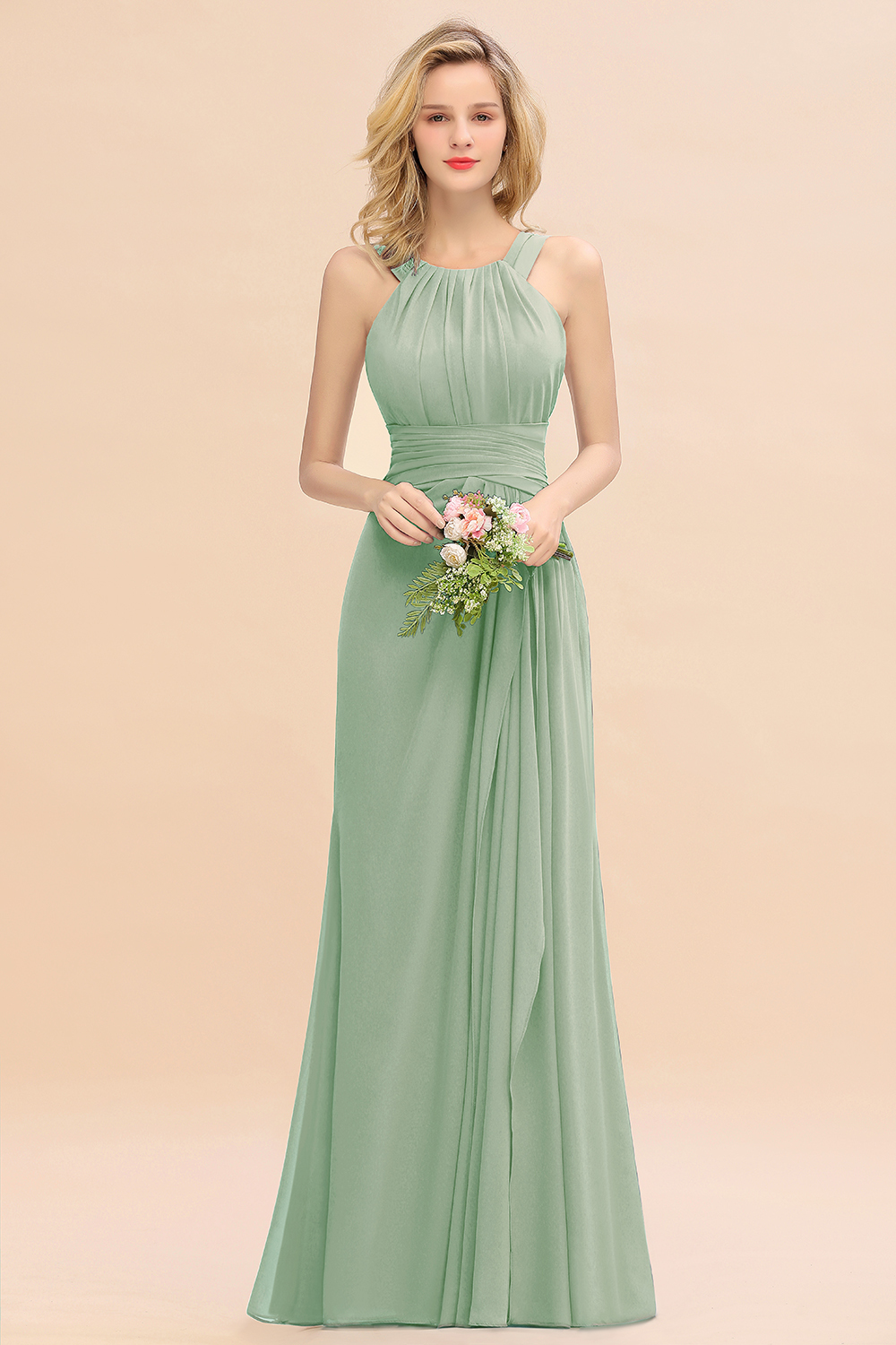 Long A-line Halter Chiffon Backless Floor-length Bridesmaid Dresses