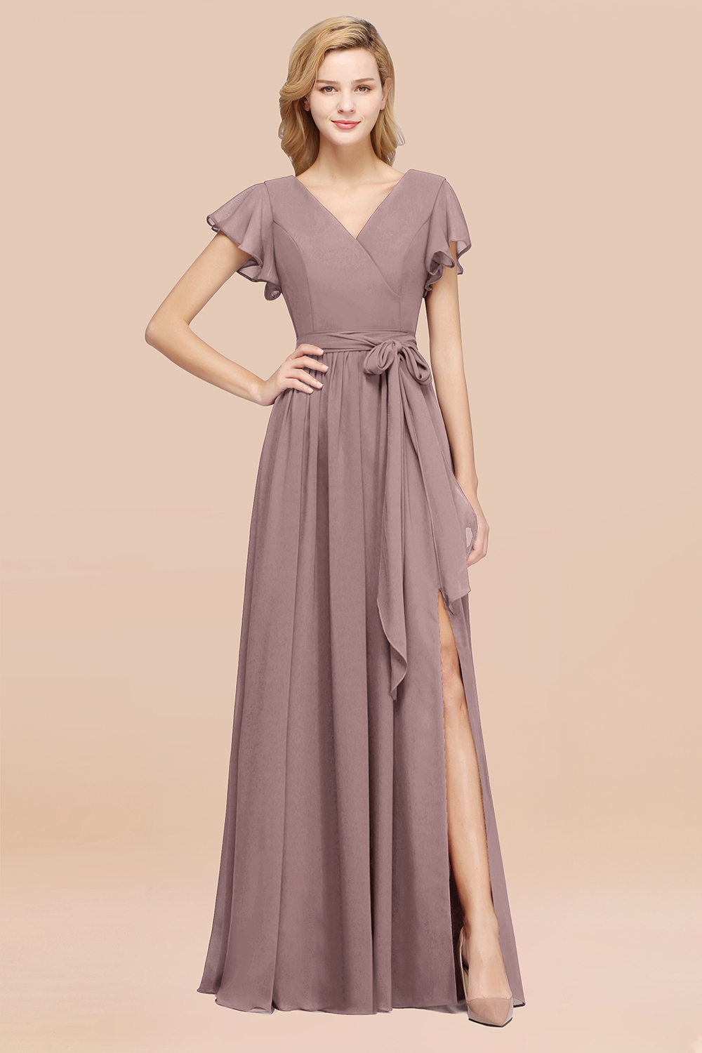 elegant A-line Chiffon V-Neck Short-Sleeves Floor-Length Bridesmaid Dresses with Bow Sash
