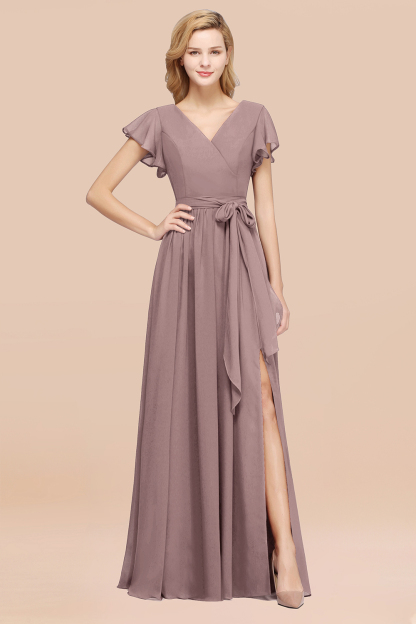 elegant A-line Chiffon V-Neck Short-Sleeves Floor-Length Bridesmaid Dresses with Bow Sash