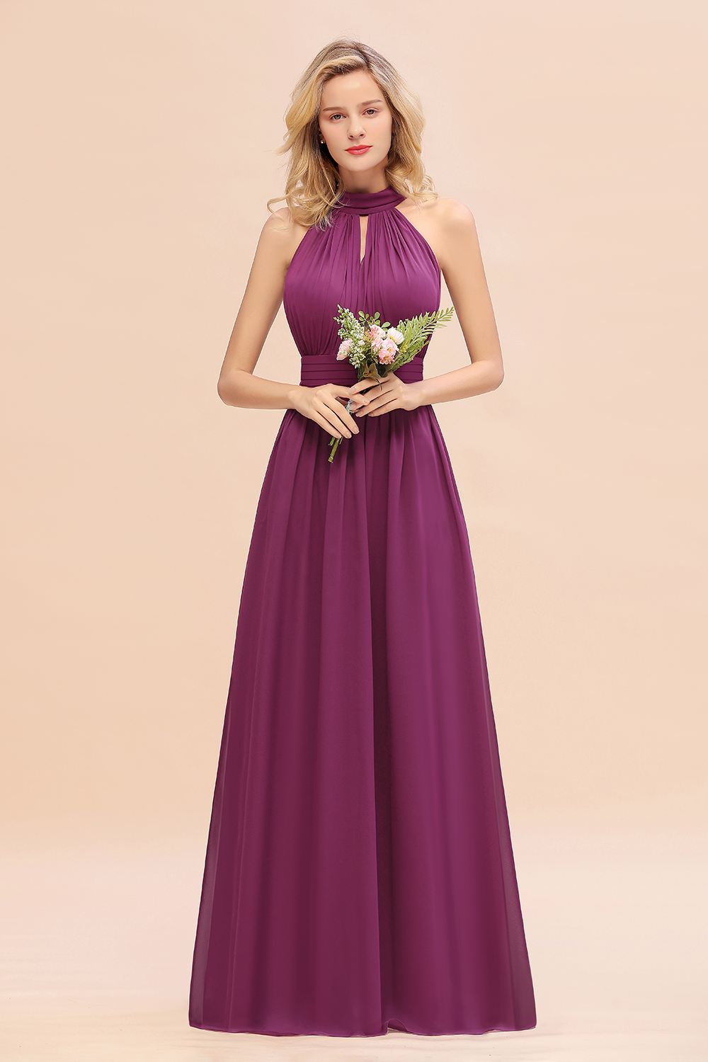 BM0758 Glamorous High-Neck Halter Bridesmaid Affordable Dresses with Ruffle