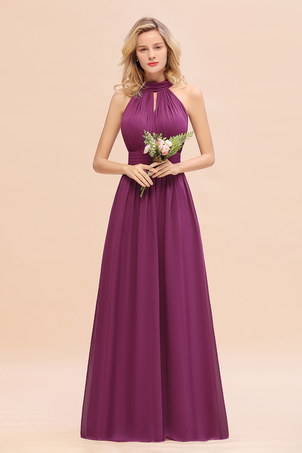 BM0758 Glamorous High-Neck Halter Bridesmaid Affordable Dresses with Ruffle