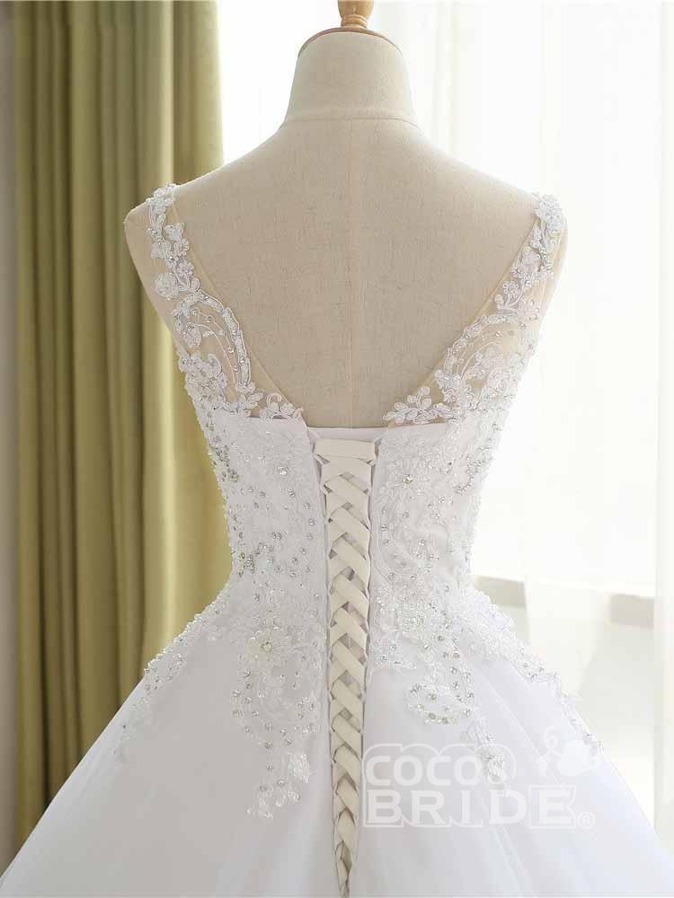 Modest White Long A-line V-Neck Tulle Lace-up Wedding Dresses