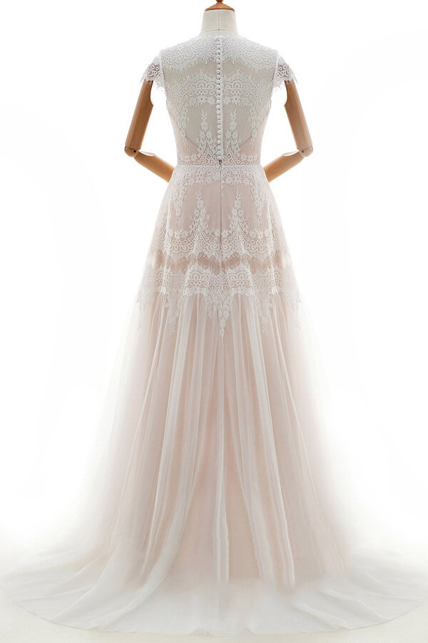 Long Tulle Sleek Cap Sleeves Lace A-line Wedding Dress