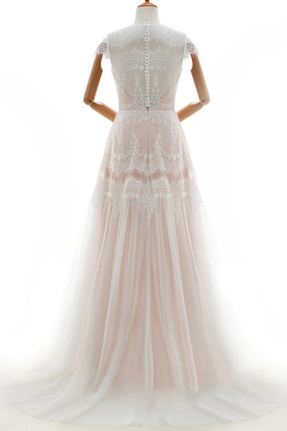 Long Tulle Sleek Cap Sleeves Lace A-line Wedding Dress