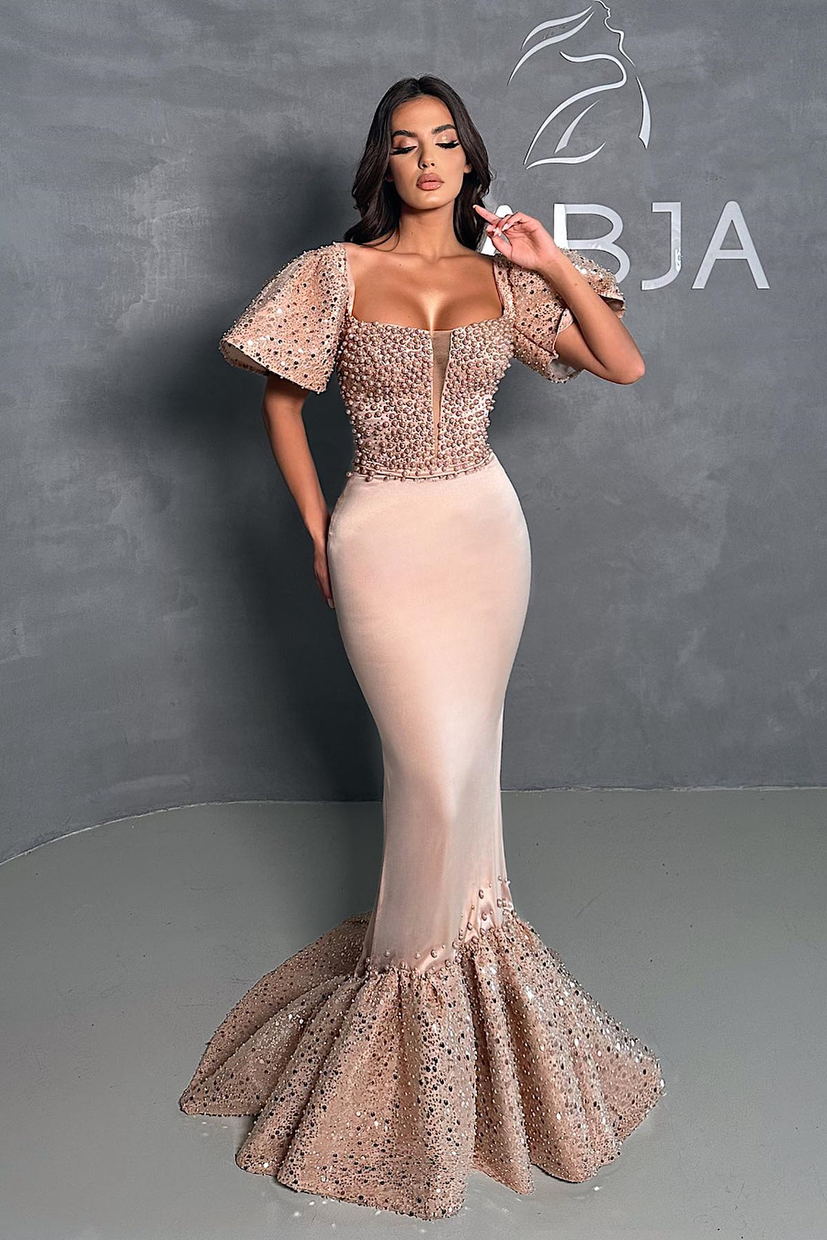 Square Neck Short Sleeve Mermaid Champagne Prom Dress with Beads