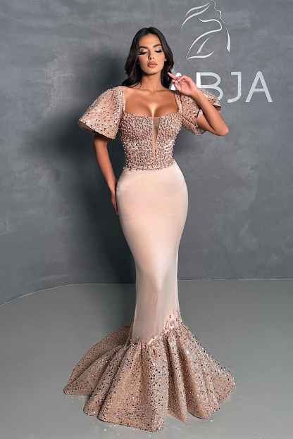Square Neck Short Sleeve Mermaid Champagne Prom Dress with Beads