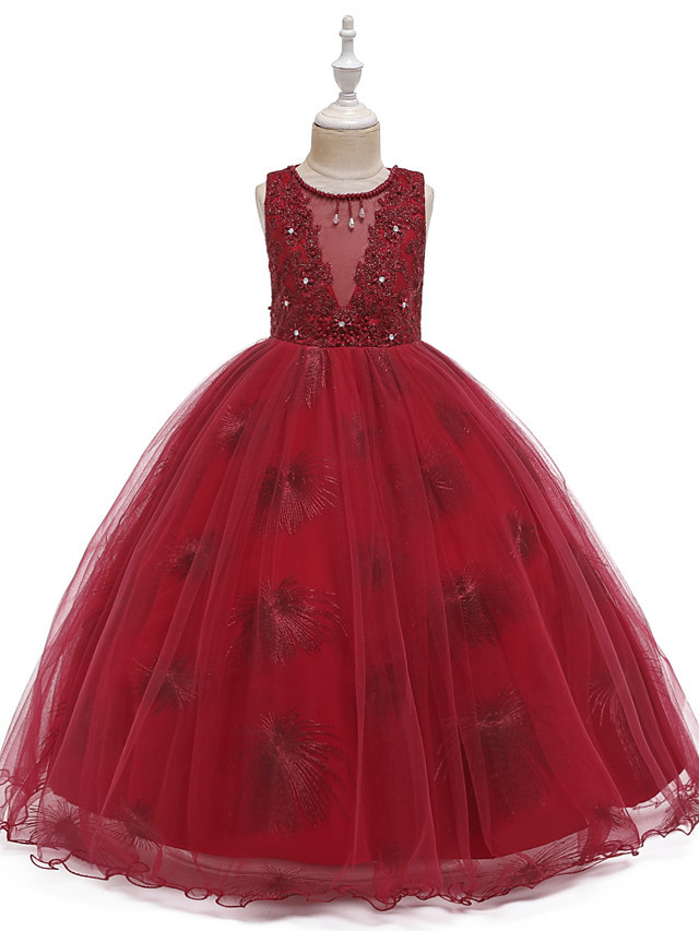 A-Line Medium Length Wedding / Party / First Communion Flower Girl Dresses - Tulle / Matte Satin / Poly&Cotton Blend Sleeveless Jewel Neck With Lace / Beading / Solid