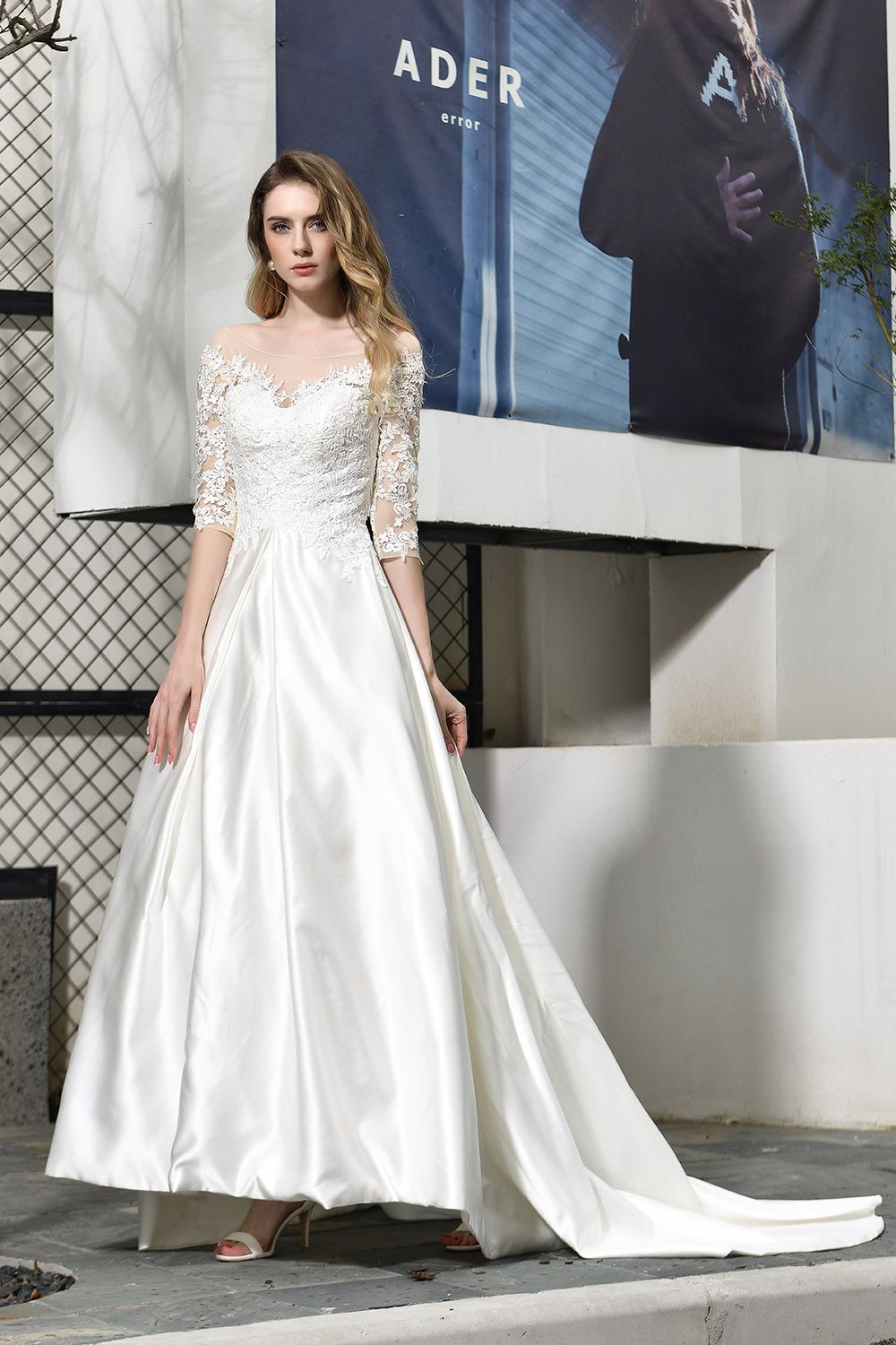 Long A-line Sweetheart Satin Lace Wedding Dresses with Half Sleeves