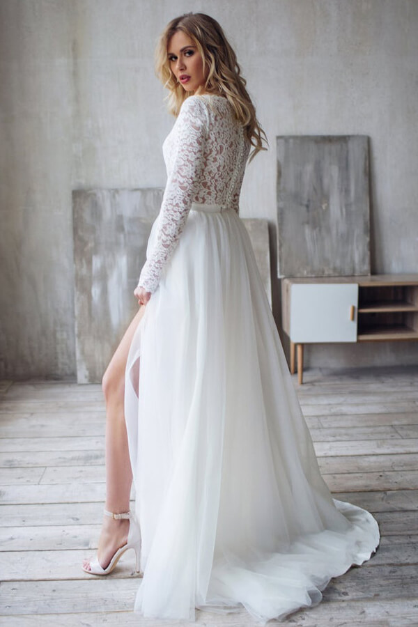 Long A-line Lace Chiffon Two Piece Wedding Dress