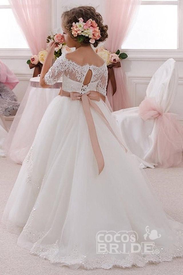 White Off The Shoulder 1/2 Sleeves Ball Gown Flower Girl Dress