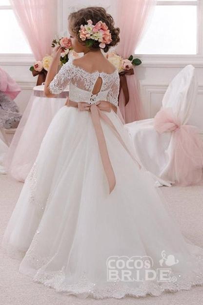 White Off The Shoulder 1/2 Sleeves Ball Gown Flower Girl Dress