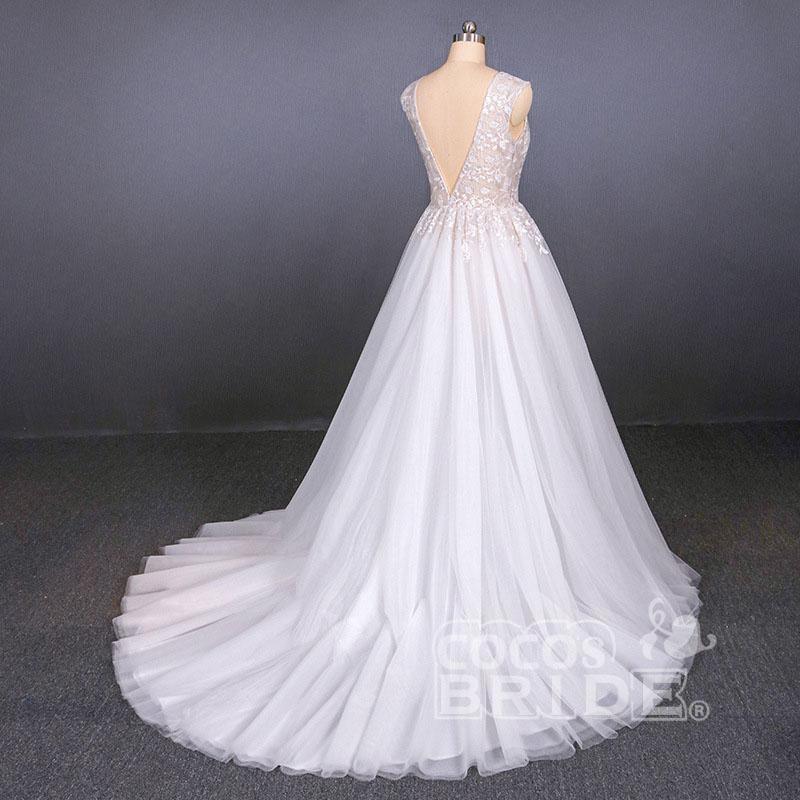 Sexy V Neck Tulle with Lace Appliques A Line Backless Wedding Dress