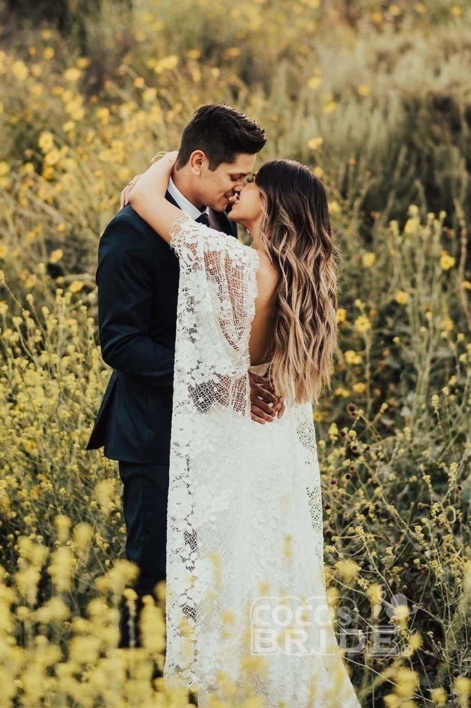 Ivory Boho Long Mermaid Lace Backless Wedding Dress