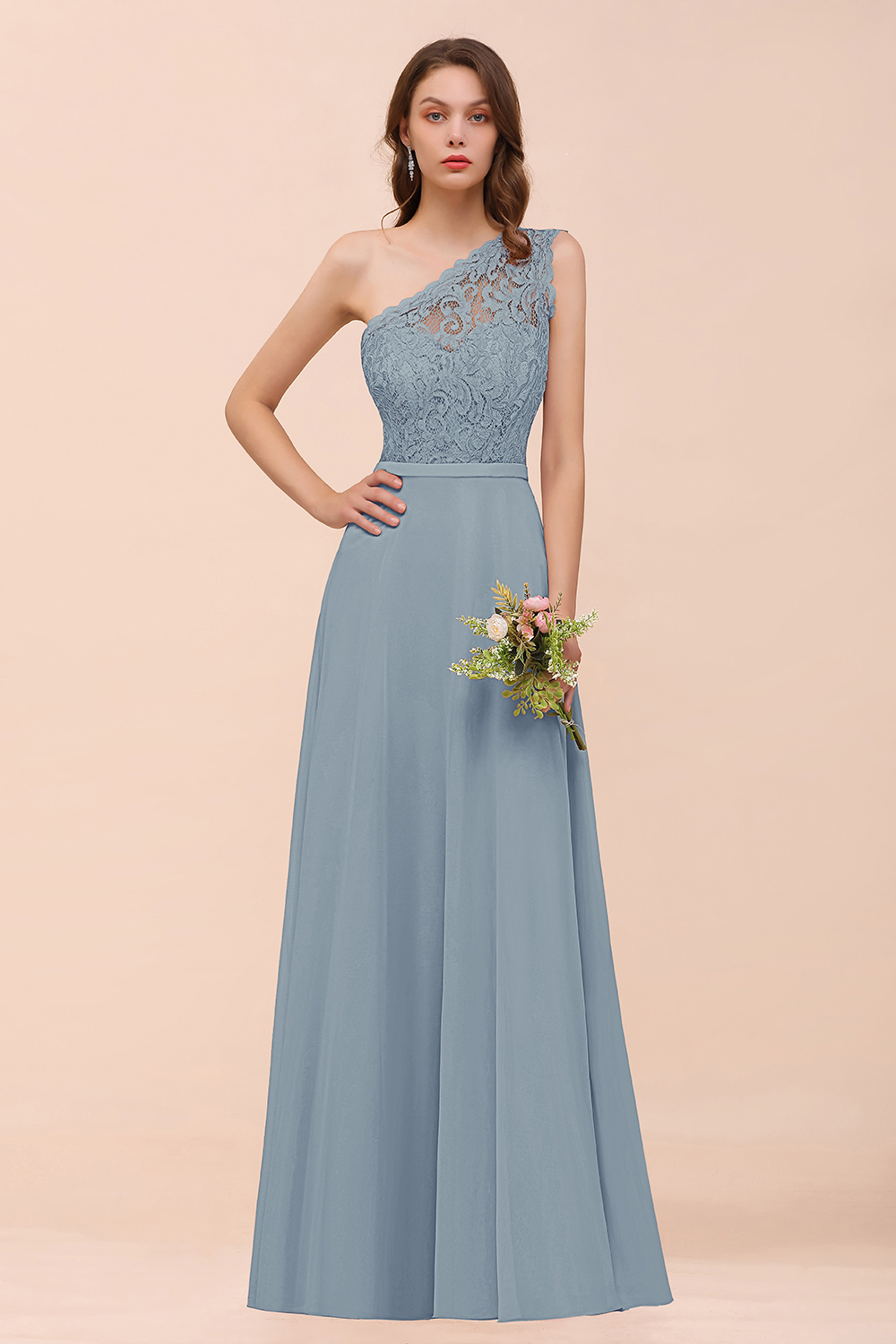 Classy One Shoulder Appliques Lace Floor-length A-Line Chiffon Bridesmaid Dress