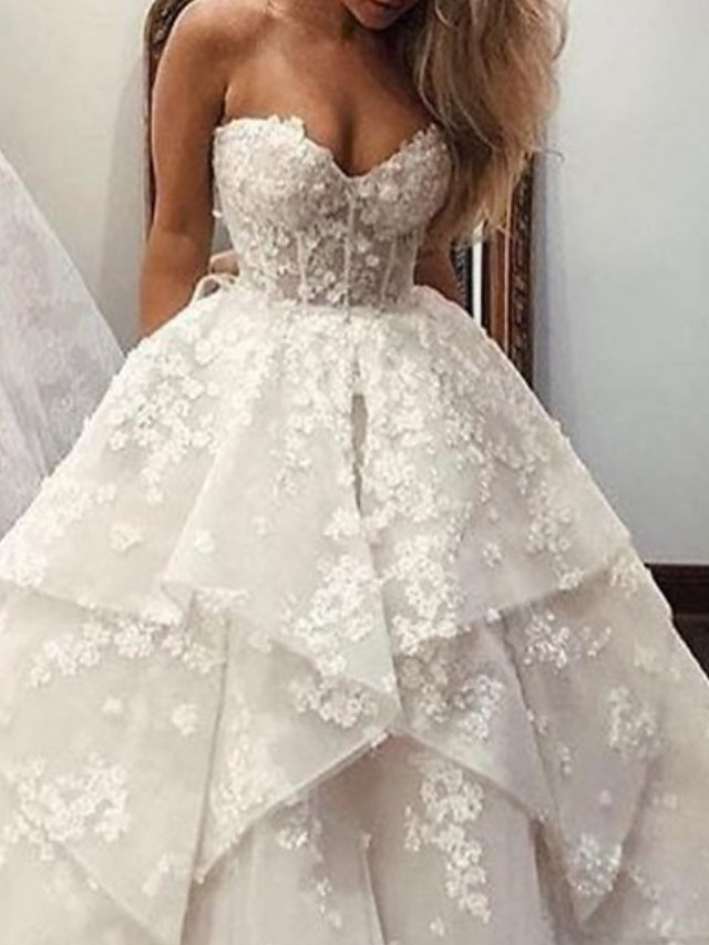 Long Ball Gown Sweetheart Brush Train Lace Tulle Sleeveless Wedding Dresses