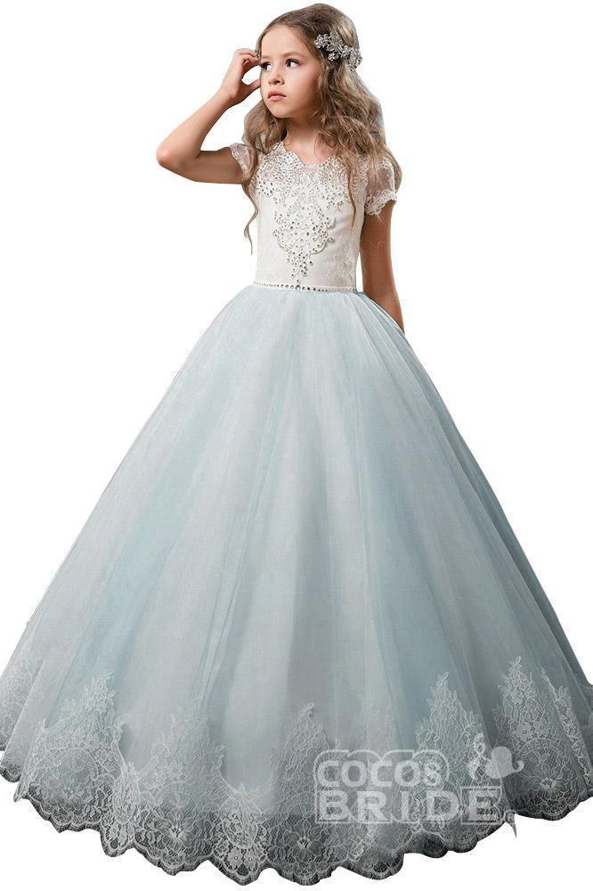 Light Pink Scoop Neck Short Sleeve Ball Gown Flower Girls Dress