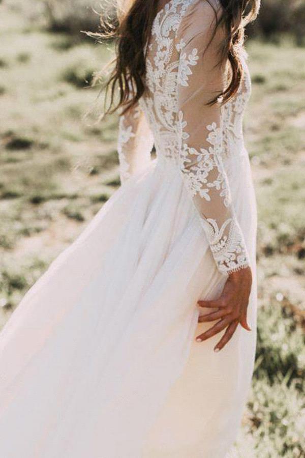 Long Appliques Lace Chiffon A-line Wedding Dress	 with Long Sleeves